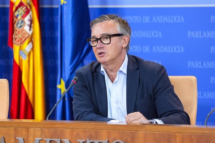 El portavoz del Grupo Vox en Andalucía, Manuel Gavira, este miércoles en rueda de prensa en el Parlamento.  