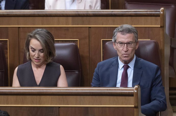 La secretaria general del PP, Cuca Gamarra y el presidente del PP, Alberto Núñez Feijóó, durante una sesión de control al Gobierno, en el Congreso de los Diputados, a 11 de septiembre de 2024, en Madrid (España).  