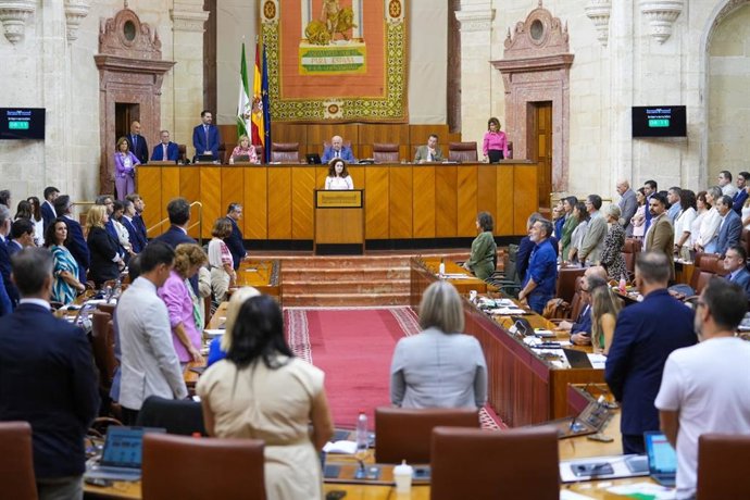 Imagen de este miércoles del Pleno del Parlamento durante el minuto de silencio por migrantes muertos y desaparecidos durante el turno de intervención de la portavoz del Grupo Por Andalucía, Inma Nieto.