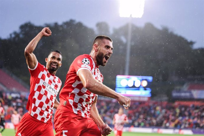 David Lopez of Girona FC celebrates a goal during the UEFA Champions League, football match played between Girona FC and Feyenoord at Estadio de Montilivi on October 02, 2024 in Girona, Spain.