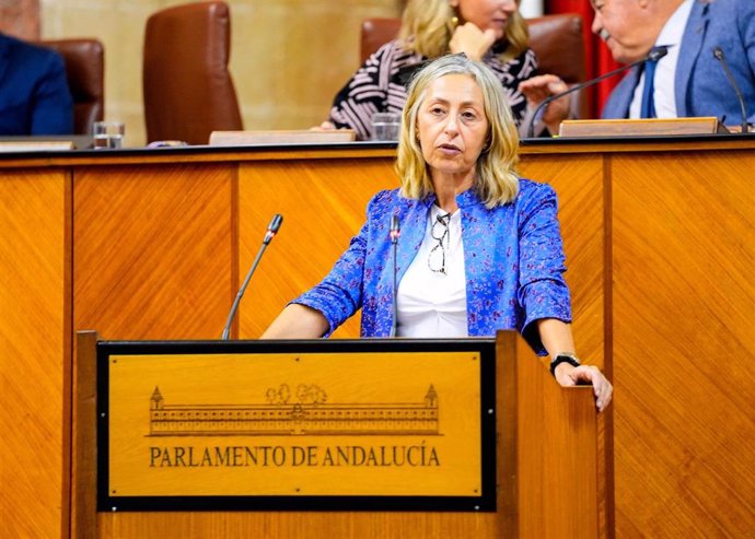 La consejera de Salud y Consumo, Rocío Hernández, interviene en el Pleno del Parlamento andaluz.