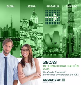 Cartel de las becas de comercio exterior de SODERCAN en Chicago, Dubai, Lisboa y Singapur