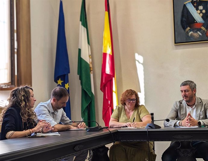 La diputada nacional de IU por Sumar en el Congreso, Engracia Rivera, diputados provinciales de IU, y el alcalde de Fuentes de Andalucía, Francisco Martínez, durante la reunión.