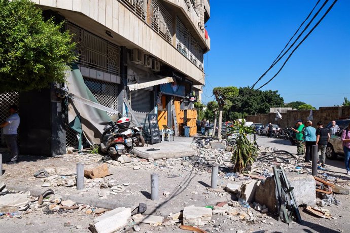 October 3, 2024, Beirut, Beirut, Lebanon: One of the strikes killed at least six people in the city center, Lebanon's health ministry said. The explosion sparked a fire in an apartment building in the residential district of Bachoura, not far from the Uni