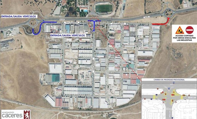 Cortes de tráfico con motivo de las obras del carril bici al polígono industrial Las Capellanías de Cáceres