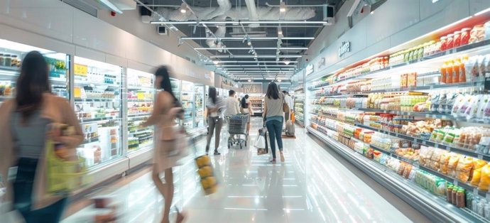 Diversos clientes hacen su compra en un supermercado.