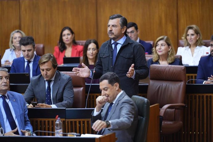 El portavoz del PP-A en el Parlamento de Andalucía, Toni Martín, este jueves en su pregunta al presidente de la Junta, Juanma Moreno. 