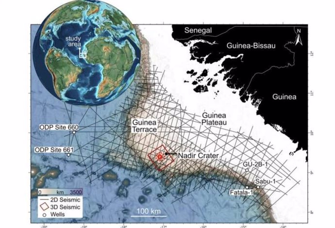 Mapa que muestra la ubicación del cráter Nadir y el conjunto de datos sísmicos y de pozo.