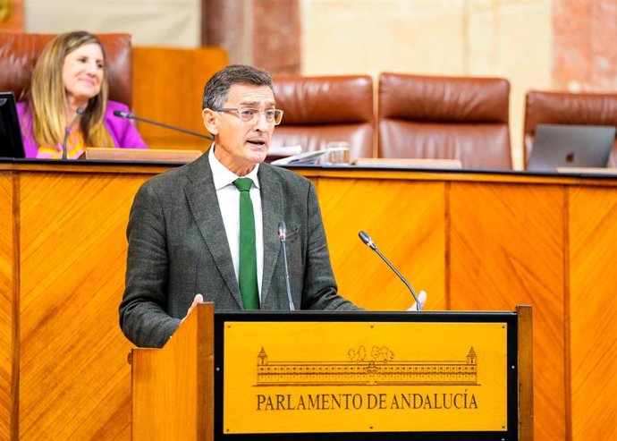 El parlamentario del PSOE-A José Luis Sánchez Teruel interviene en el Pleno del Parlamento andaluz en defensa de una proposición no de ley (PNL) sobre turismo.