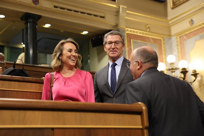 (I-D) La secretaria general del PP, Cuca Gamarra; el presidente del PP, Alberto Núñez Feijóo y el portavoz del PP, Miguel Tellado, en el Congreso de los Diputados, a 25 de septiembre de 2024, en Madrid (España).