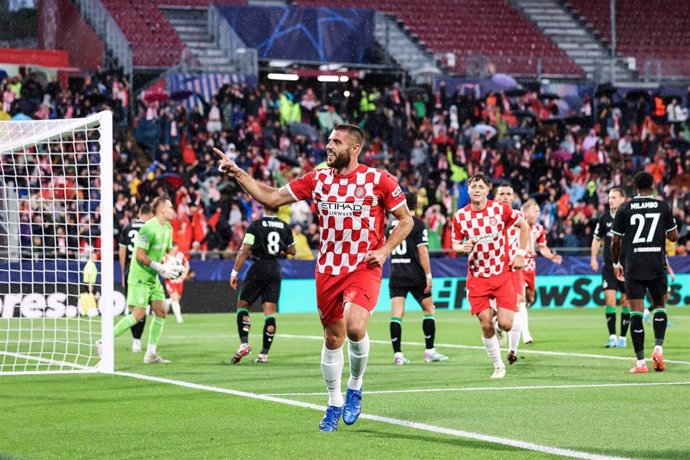 David Lopez of Girona FC celebrates a goal during the UEFA Champions League, football match played between Girona FC and Feyenoord at Estadio de Montilivi on October 02, 2024 in Girona, Spain.