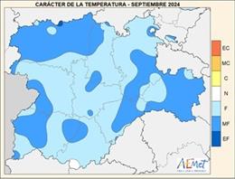 Mapa elaborado por la Aemet sobre el carácter de las temperaturas registradas en CyL en septiembre