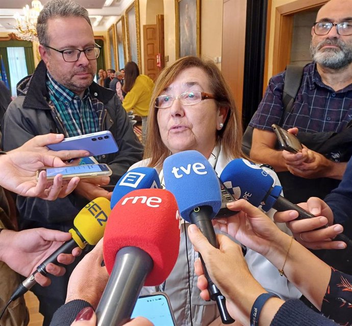 La vicepresidenta de la Federación de Asociaciones de Vecinales de la Zona Urbana de Gijón (FAV), atiende a  los medios de comunicación tras el Consejo Social de Gijón.