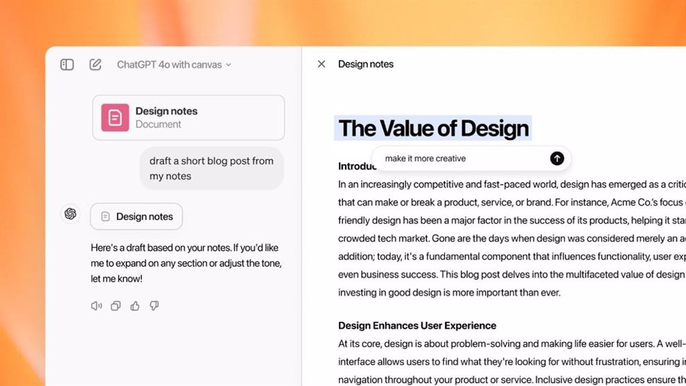 Canvas de OpenAI convierte a ChatGPT en un compañero de trabajo en un proyecto colaborativo