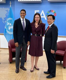 The Rockefeller Foundation President Rajiv Shah, The Ambassador and Permanent Representative of Brazil to the UN Rome-based Agencies, Carla Barroso Carneiro, and The Food and Agriculture Organization Director-General QU Dongyu at an event today to announc