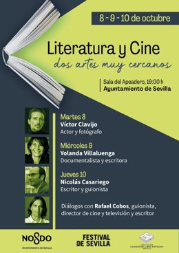 Cartel del ciclo 'Literatura y cine, dos artes muy cercanos', en el marco de la Feria del Libro Antiguo.