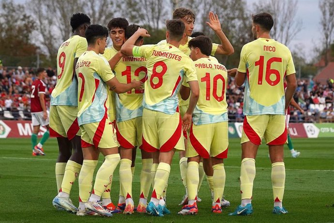 Los jugadores de la Selección Española Sub-21 celebrando un gol.