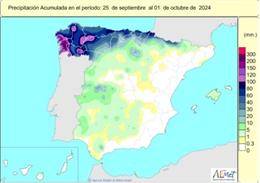 El año hidrológico empieza con lluvias intensas en Galicia y un acumulado de 198 l/m2 en Pontevedra.