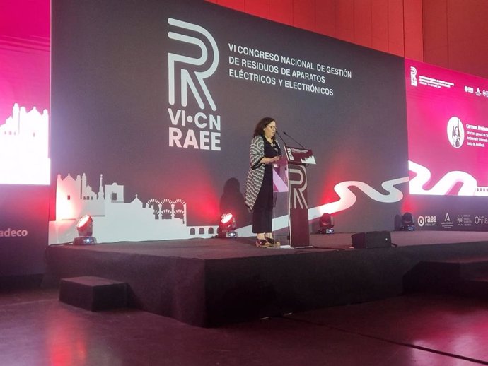 La directora general de Sostenibilidad Ambiental y Economía Circular de la Consejería de Sostenibilidad y Medio Ambiente, Carmen Jiménez, interviene en la clausura del Congreso Nacional de RAEE.