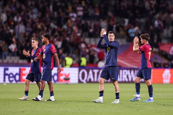 Raphinha Dias Belloli of FC Barcelona celebrates the victory during the UEFA Champions League, football match played between FC Barcelona and BSC Young Boys at Estadio Olimpico de Montjuic on October 01, 2024 in Barcelona, Spain.