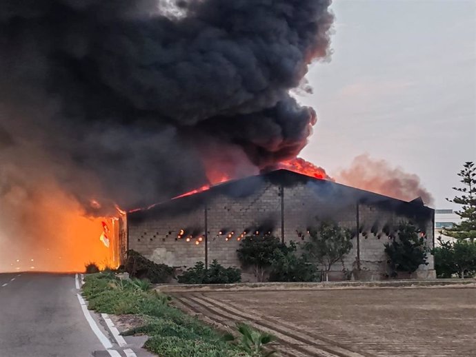 Un incendio que afecta desde primera hora de este domingo a una nave ubicada en el Camí Assagador de Vera, en el término municipal de Alboraia (Valencia).