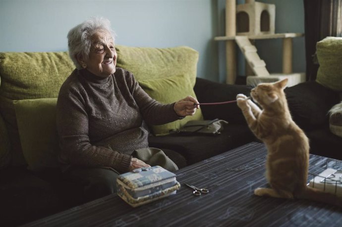 Una mujer juega con su gato