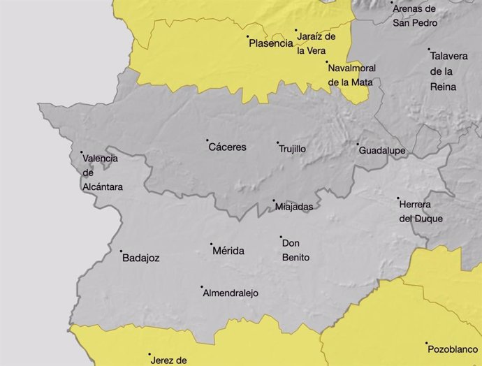 Zonas afectadas en Extremadura por el aviso amarillo este lunes, 7 de octubre