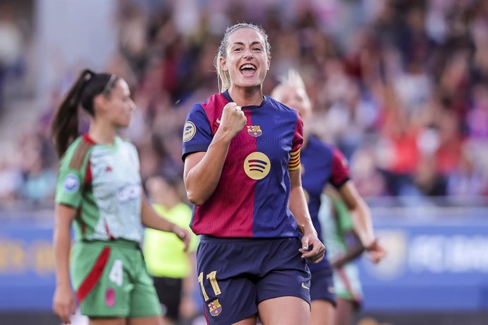 Alexia Putellas of FC Barcelona Femenino celebrates a goal during the Spanish Women league, Liga F, football match played between FC Barcelona and Granada CF at Johan Cruyff Stadium on September 28, 2024 in Sant Joan Despi, Spain.