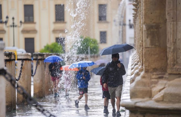 Archivo - Transeúntes protegidos con paraguas durante las fuertes lluvias. A 19 de junio de 2024, en Sevilla (Andalucía, España). Durante la jornada de hoy miércoles algunas zonas de la provincia de Sevilla vivirá fuertes lluvias.