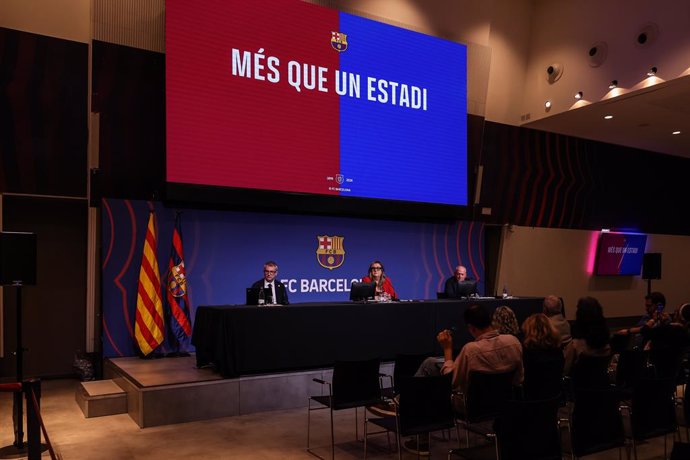 Elena Fort, Vice President Institutional Area of FC Barcelona, attends her press conference to give information about the new stadium, Spotify Camp Nou of FC Barcelona in Auditori 1899 on October 07, 2024 in Barcelona, Spain.