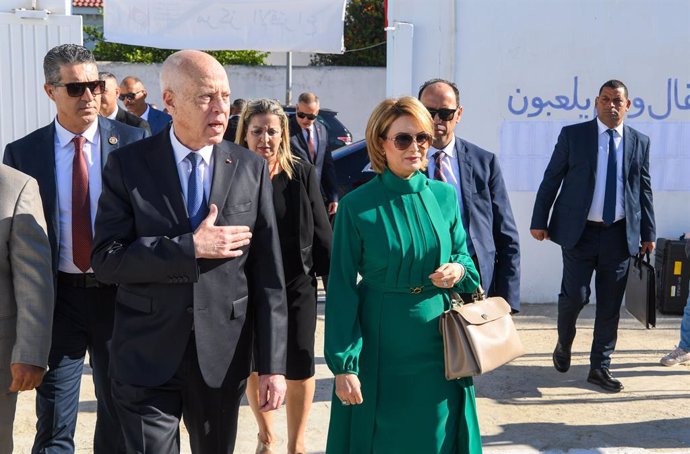 October 6, 2024, Tunis, Tunisia: Tunisia, October 6, 2024. Tunisian President Kais Saied with his wife Ichraf Chebil cast their votes at a polling station during the presidential election in Tunis. Tunisia's electoral body, the Independent Higher Authorit