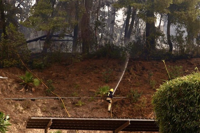 Personal del Infoca trabaja en la extinción de un incendio en el paraje denominado Leoncillo de Málaga capital.