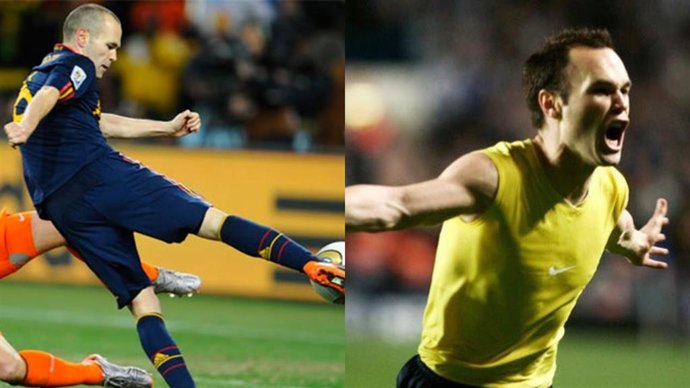 El futbolista Andrés Iniesta celebra goles con la selección español y el FC Barcelona.