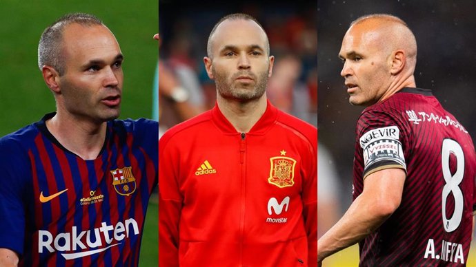 El jugador Andrés Iniesta, con la camiseta del FC Barcelona, la selección española y el Vissel Kobe japonés.