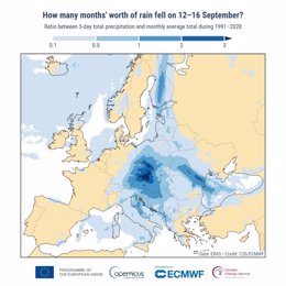 Relación entre la precipitación total de 5 días entre el 12 y el 16 de septiembre de 2024 y la precipitación total promedio mensual en todos los meses durante el período de referencia 1991-2020.