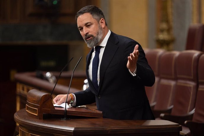 Archivo - El presidente de VOX, Santiago Abascal, interviene durante una sesión plenaria, en el Congreso de los Diputados.