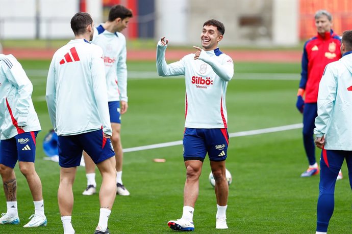 Martin Zubimendi of Spain, in action during a training session prior to the Spanish national soccer team's UEFA Nations League matches at Ciudad del Futbol on October 8, 2024, in Las Rozas, Madrid, Spain.