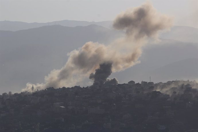 KHIAM (LEBANON), Oct. 9, 2024  -- Smoke rises following an Israeli airstrike in Khiam, Lebanon, on Oct. 9, 2024. The death toll from Israeli airstrikes in Lebanon on Tuesday rose to 22, with 80 others wounded, the Lebanese health ministry reported on Wedn