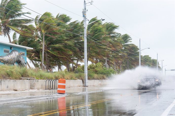 October 9, 2024, Key West, Florida, USA: A Jeep drives through floodwaters near Smather's Beach ahead of Hurricane Milton. Hurricane Milton is forecast to make landfall along Florida's Gulf coast as a major hurricane Wednesday night and into Thursday morn