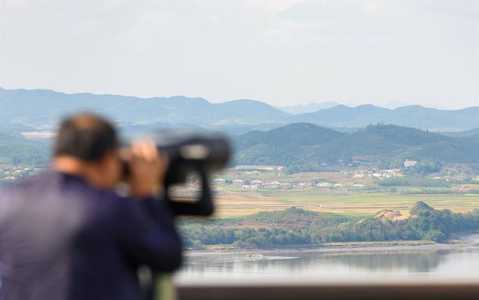 October 9, 2024, Paju, South Korea: A Visitor use binoculars to look at the North Korean side of the Demilitarised Zone (DMZ) dividing the two Koreas, from South Korea's Unification Observatory in Paju, north of Seoul. The North Korean military said it wi