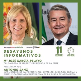 Cartel anunciador del desayuno informativo de Europa Press Andalucía con la alcaldesa de Jerez (Cádiz), María José García Pelayo, presentada por el consejero de Presidencia, Antonio Sanz, este viernes 11 de octubre en Jerez