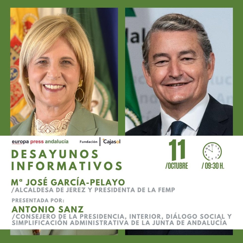 Cartel anunciador del desayuno informativo de Europa Press Andalucía con la alcaldesa de Jerez (Cádiz), María José García Pelayo, presentada por el consejero de Presidencia, Antonio Sanz, este viernes 11 de octubre en Jerez