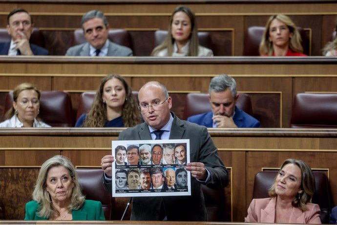 El portavoz del PP en el Congreso, Miguel Tellado, interviene durante una sesión de control al Gobierno, en el Congreso de los Diputados, a 9 de octubre de 2024, en Madrid (España). Durante la sesión de control, el presidente del Gobierno ha hablado sobre