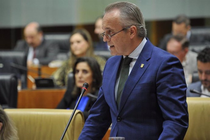 El consejero de Infraestructuras, Transporte y Vivienda, Manuel Martín Castizo, durante su intervención en el pleno de la Asamblea.