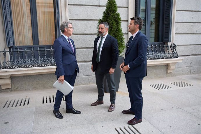 El presidente del PP, Alberto Núñez Feijóo (i) conversa con el presidente de VOX, Santiago Abascal (c), a su salida de una sesión plenaria en la Cámara Baja, a 17 de septiembre de 2024