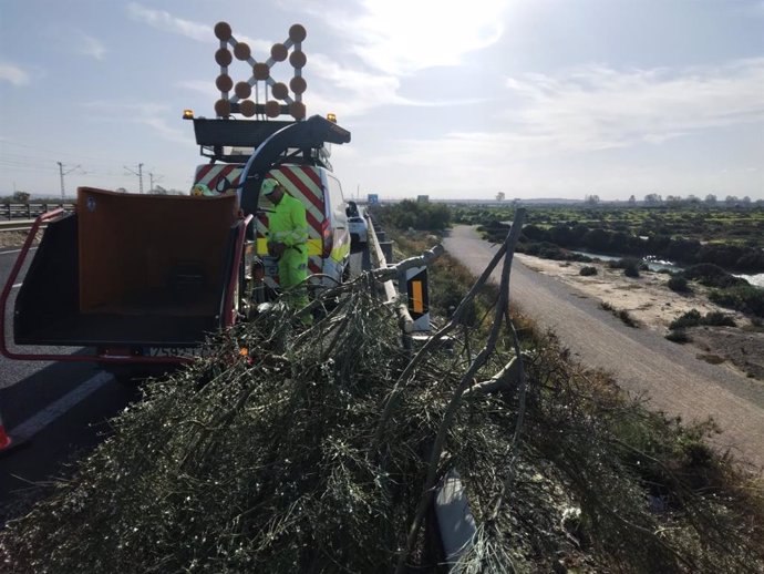 Trabajadores de Conservación de Carreteras del Estado realizando tareas de limpieza en una vía de la provincia de Cádiz.