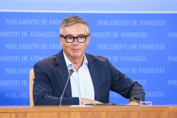 El portavoz del grupo parlamentario Vox en Andalucía, Manuel Gavira, en rueda de prensa. (Foto de archivo).