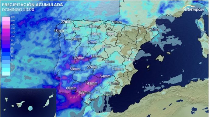 Una borrasca atlántica dejará casi 200 l/m2 en el oeste de Andalucía este fin de semana.