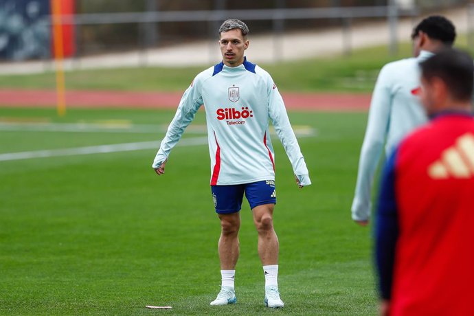 Bryan Zaragoza of Spain in action during a training session prior to the Spanish national soccer team's UEFA Nations League matches at Ciudad del Futbol on October 8, 2024, in Las Rozas, Madrid, Spain.