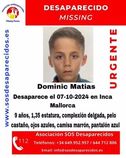 Cartel con los datos sobre Dominc Matias, el chico de 9 años desaparecido en Inca.